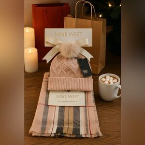 Nine West Blush Beanie & Plaid Scarf Set NWT Faux Fur Pom Winter Gift